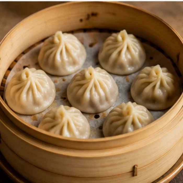 Steamed soup dumplings in a bamboo basket