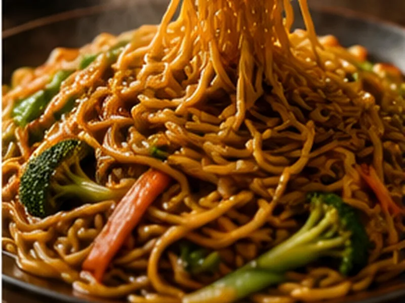 Lo mein noodles lifted with chopsticks