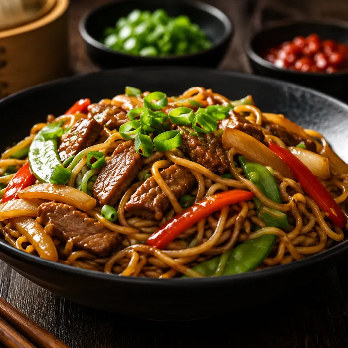 Stir-fried noodles with beef and vegetables