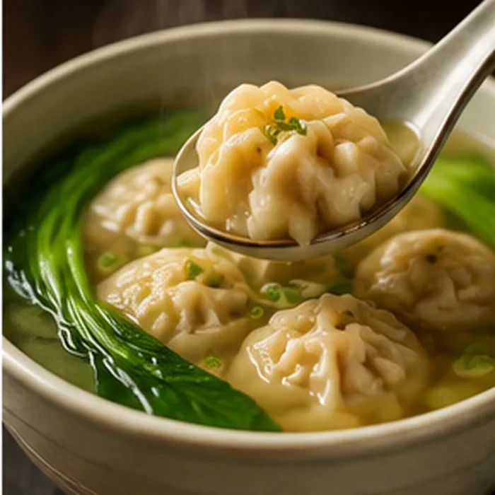Wonton soup bowl with greens